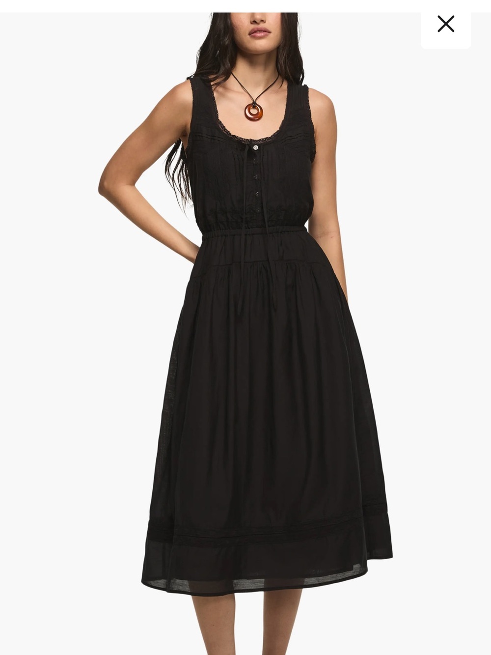 Lucky Brand Lace Inset Black Sleeveless Midi Dress with Scoop Neck